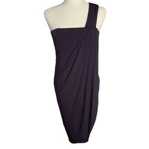 Suzi Chin One Shoulder Faux Wrap Dress 6 Dark Grey Draped Padded Bust Zip NEW